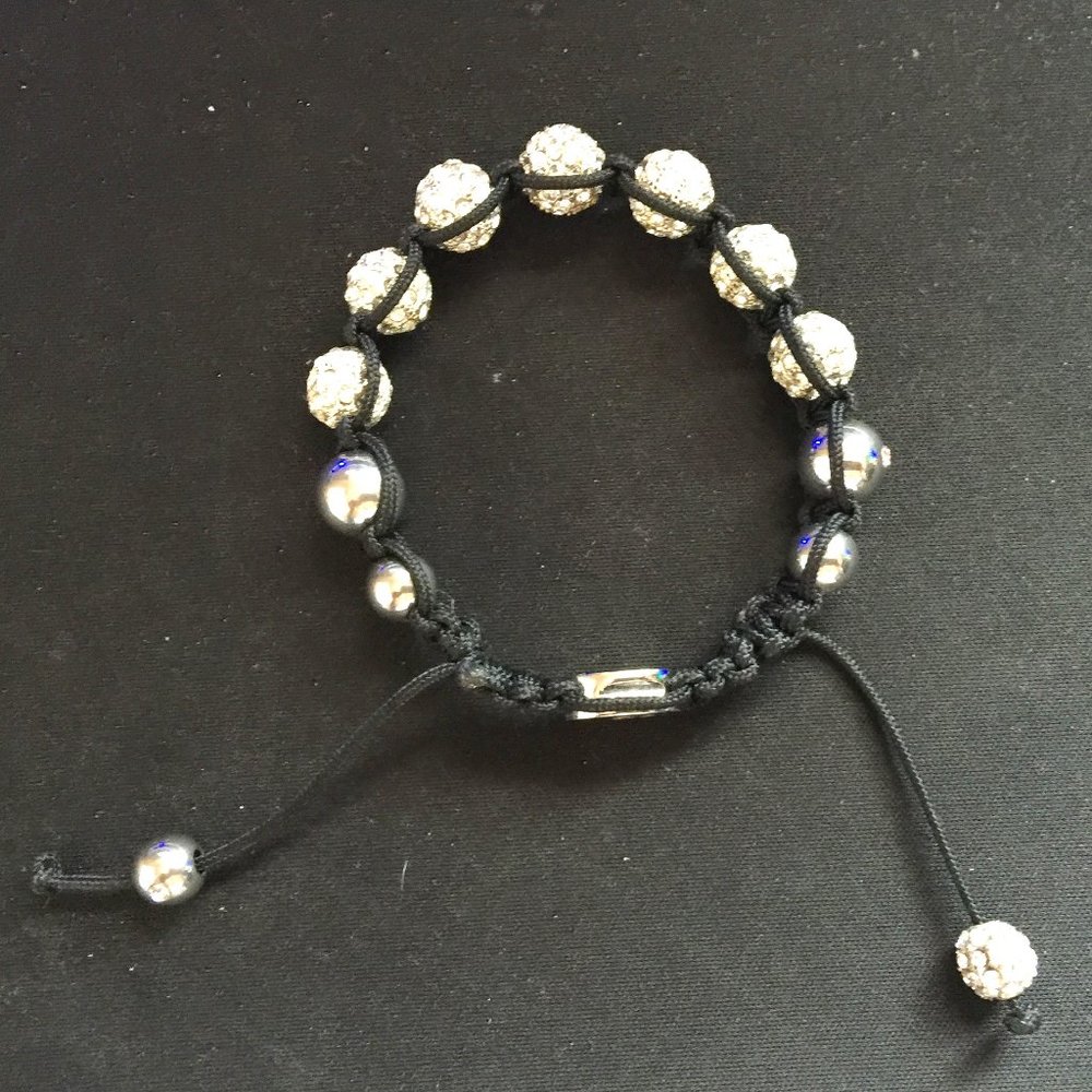 Single Rhinestone Ball Beaded Adjustable Silver Black Bracelet